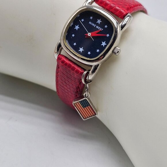 Nine West Womens Patriotic Watch With Red Faux Leather Strap Silver Tone Case - Picture 3 of 11